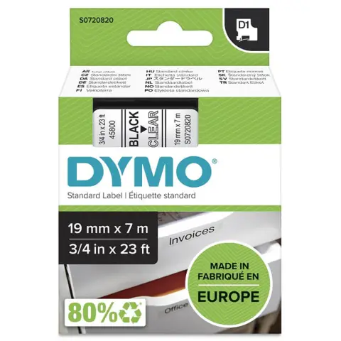 Dymo taśma do drukarek etykiet, D1 45800 czarny/przezroczysty 7m/19mm